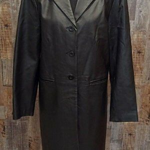 BAGATELLE BLACK LEATHER WOMENS SINGLE BREASTED MIDI TRENCH COAT SZ L WORN ONCE!